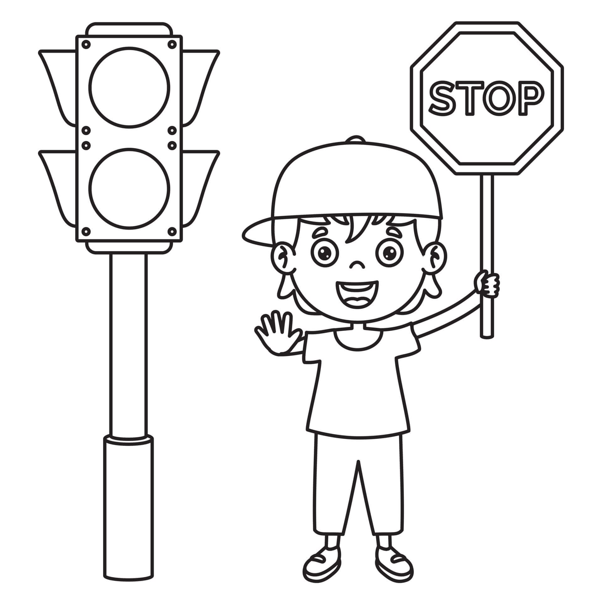 Dibujo Nino Divertido Con Senal De Alto Y Semaforo Para Imprimir Y Colorear